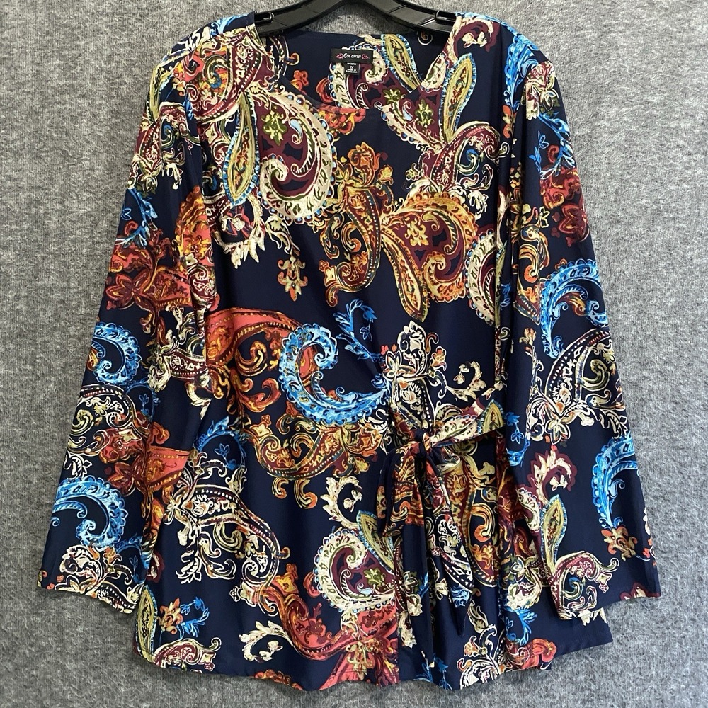 Cocomo Top Womens 1X Blue Paisley Artsy Tie Front Stretch Flowy Popover Office